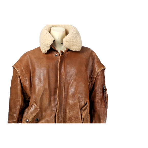 Vintage Midway Brown Leather Zipper Bomber Jacket Size 40 Sheep Shearling Collar - Picture 7 of 16